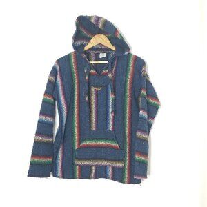 Art Maz Striped Bohemian Woven Serape Poncho Baja Beach Hoodie Multicolor Retro